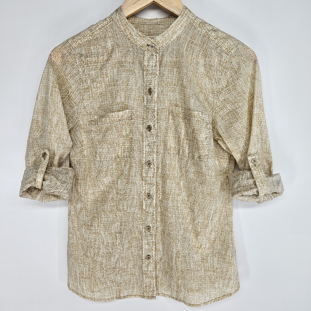 Michael Kors Mock Neck Button Down Blouse Long Sleeve Tan White‎ 6 Roll Sleeve